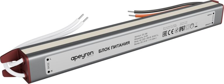 03-186 Блок питания 24В, 24Вт, 200-264В, 1А, IP67, алюм., 192х18х15, ультратонкий, серебро
