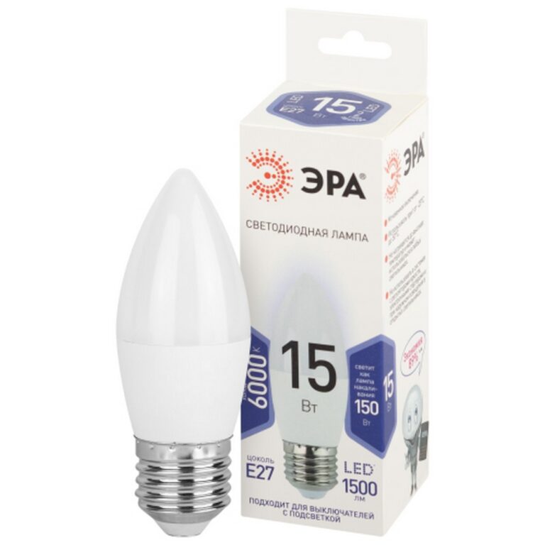 Лампа светодиодная ЭРА STD LED B35-15W-860-E27 15Вт свеча холодный свет Е27