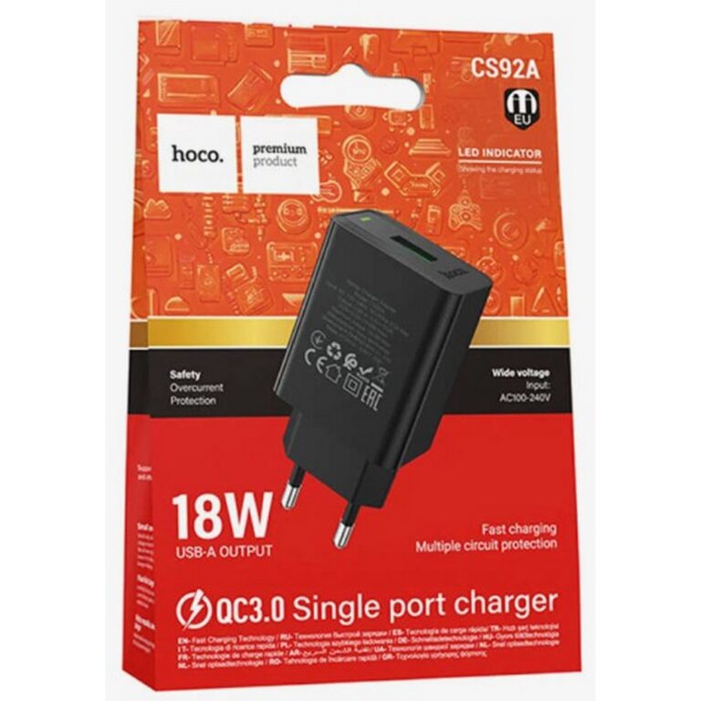 HOCO CS92A/ Сетевое ЗУ/ QC 3.0/ 1 USB/ 18W/ черный